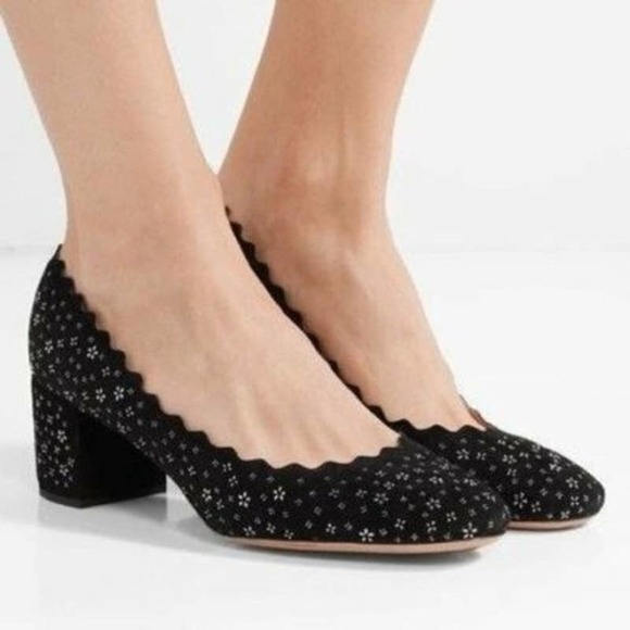 Chloe Shoes - Chloe Lauren Scalloped Suede Floral Stud Applique Pumps 36.5 7